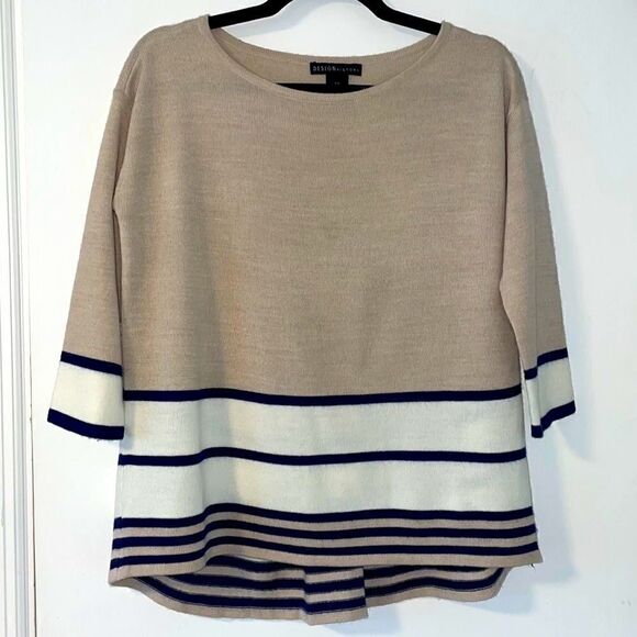 Design History border stripe pleat back 3/4 sleeve beige navy & cream sweater PM - Picture 1 of 9